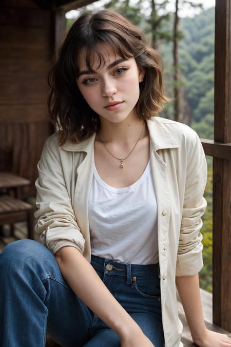 (closeup) Portrait of pretty young (18-year-old) Caucasian (futurahannahowo9030v5) ((Seated, legs crossed, leaning forward with a captivating expression.:1.07)), (flat chest:1.15), outdoor, BREAK (blonde Side-Swept Bob with Bangs: A bob hairstyle with side-swept bangs, exuding a chic and sophisticated vibe.), no makeup, long dainty necklace, (( classy formal attire oversized jacket, t shirt, and jeans)) , <lora:epi_noiseoffset2:1> BREAK (magazine cover:1.10), BREAK (masterpiece, extremely detailed skin, photorealistic, heavy shadow, dramatic and cinematic lighting, key light, fill light), sharp focus, BREAK location is (outdoor Zhangjiajie National Forest Park, China:1.2),