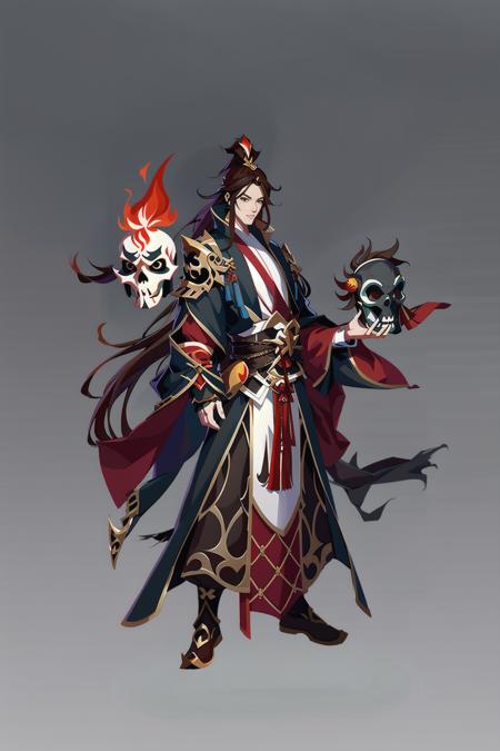 Game Character, East Asian Original Art Character Design, 1boy, Brown Hair, Male Focus, Gradient, Long Hair, Gradient Background, Solo, Gray Background, Hold, Skull, Taoist, Standing, Reel, Torn Clothes, Mask, Wide Sleeves, Flame, Ornament <lora:CG Game charactersV2:1>