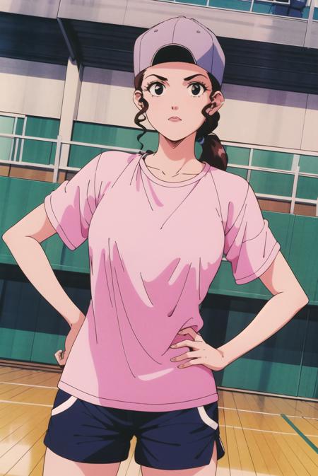 Inoue Ayako,hat, shirt, pink shirt, smile, baseball cap, upper body, ponytail, retro artstyle,1990s \(style\),brown hair,backwards hat,