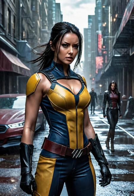 High resolution ultra-realistic of Beautiful Laura Kinney/X-23 vs Wolverine / Logan, cinematic lighting, Marvel style, Wolverine men and X-23 stand side by side in battle pose on a bloody and stormy battlefield, 8k, realistic modern Wolverine combat costume, gazing straight ahead, full body, ultra realistic, cinematic style, attractive, dirty, bloody, beautiful firm Breasts, alluring, X-Men style, Marvel style, MCU sci-fi style, Superheroine, Standing in the middle of a dark dirty street on the City, sharp focus, digital painting, Photograph Taken on Nikon D750, Alphonse Mucha, 8K, athletic figure, Hyperdetailed, hyperrealism, aesthetics reminiscent of X-Men, Attractive, Attractive bust girl, asymmetric balance