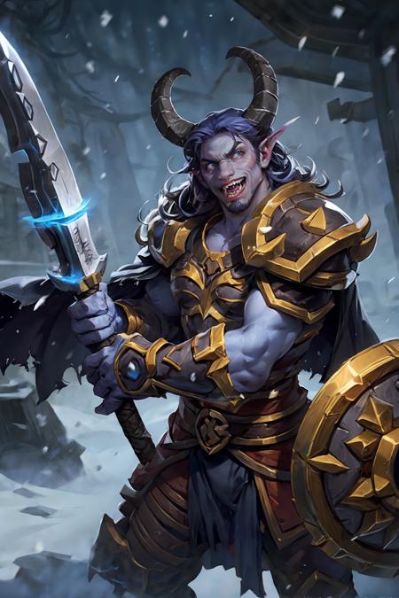 HEZI, Hearthstone, solo, 1boy, blue eyes, horns, glowing eyes, male focus, blue skin, teeth, weapon, glowing, armor, cape, colored skin, helmet, shield, axe, snow, snowing, hammer, holding, looking at viewer, furry, furry male, fur trim, fangs, breasts, staff, sharp teeth, artist name, muscular<lora:çç³ä¼ è¯´-000006:0.7>,