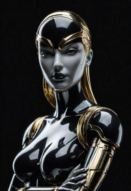 solid black background, statuette of android woman, chrome and marble, black|gold|white, 8k hdr, high quality, extremely detailed, hyperrealistic, closeup, world masterpiece, style 
  by Michelangelo\Donatello, fullbody size, Perfect Hands