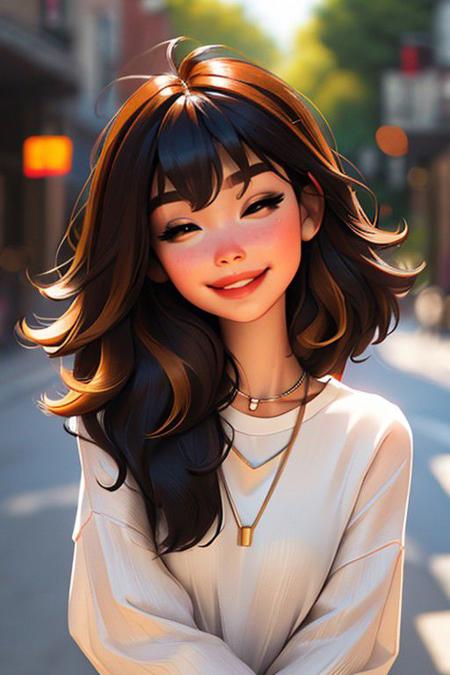 sam yang,
1girl, bangs, black hair, black shirt, blurry, blurry background, bokeh, brown eyes, brown hair, closed mouth, day, depth of field, hair between eyes, half-closed eyes, head tilt, jewelry, lips, long hair, long sleeves, looking at viewer, multicolored hair, necklace, nose, outdoors, shirt, smile, solo, thick eyebrows, two-tone hair, upper body
, ((masterpiece))
<lora:sam_yang_offset:1>