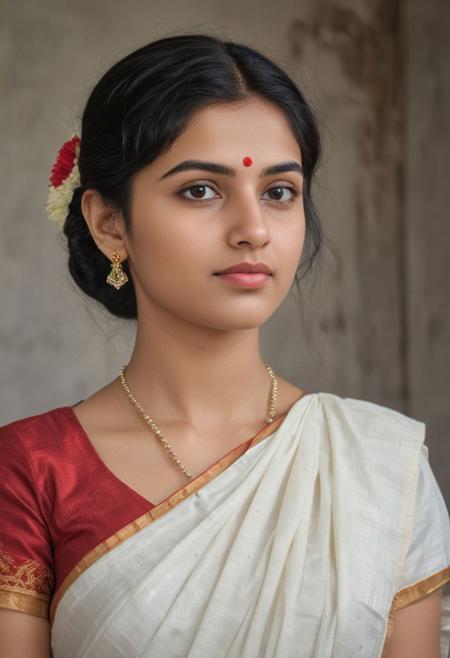 woman beautiful dark haired woman, kerala state white saree, tilak on head, red lipstick