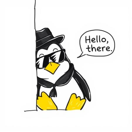 Drawing of Tux, the linux mascot penguin peeking from around the corner of the building, wearing black spy hat and sunglasses. White background.  He is saying "Hello there" in a speech bubble.