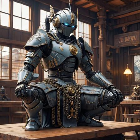Take a deep breath and let's work step by step on this , 
robot sitting on top of a wooden table, samurai man wrapped in chains, inspired by Yoshitaka Amano, aztec empress, from arknights, black gold color scheme, the wise man is riding on top, fullbody view, maschinen krieger, extremely detailed woman, silhouette :7, father, ultra detailed photo, tekkonkinkreet, dark beauty, weta digital, vray, hdr, hyper detailed, vfx, unreal engine 5, 4 k uhd
,
Midjourney's Consistency, Dynamic Action Pose, Fibonacci Watermark Invisibly Displayed, High-res, Impeccable Composition, Lifelike Details, Perfect Proportions, Stunning Colors, Captivating Lighting, Interesting Subjects, Creative Angle, Attractive Background, Well-timed Moment, Intentional Focus, Balanced Editing, Harmonious Colors, Contemporary Aesthetics, Handcrafted with Precision, Vivid Emotions, Joyful Impact, Exceptional Quality, Powerful Message, Raphael Style, Unreal Engine 5, Octane Render, Isometric, Beautiful Detailed Eyes, Super Detailed Face and Eyes and Clothes, More Detail, Multi Colored, Splash Ink Illustration, Grammer Effect Style, Houdini Style, Sharp Lines and Brush Strokes, High Quality, Beautiful Matte Painting, 4K, CGSociety, Artstation Trending on ArtstationHQ