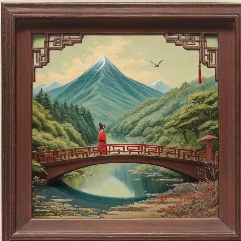 A Painting of a Woman Standing on a Bridge in Front of Mountains and a Waterfall