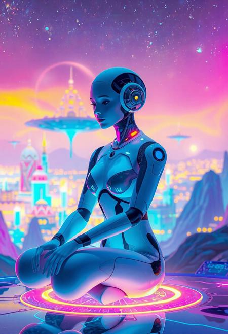 A dreamlike digital scene featuring a futuristic, feminine humanoid AI. She's sitting or floating in front of a vibrant, surreal landscape — think glowing neon city, floating islands, or a starry sky. She's creating or observing colorful visual art (holograms, digital brushstrokes, or abstract visuals). The color palette includes electric blue, magenta, and golden yellow. The mood is imaginative and peaceful, with a soft futuristic glow."
Je lance la génération de l’image. Un instant.
Démarrage
Outils