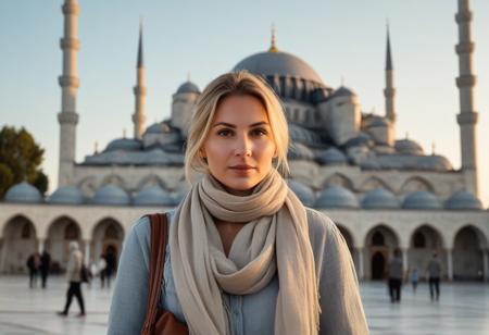 A hyper-detailed, ultra-photorealistic 8K travel portrait of a 40-year-old woman with sleek blonde hair tied back. She has soft wrinkles, subtle expression lines, pale skin with natural texture, and realistic facial details. The face is symmetric and rendered with lifelike shading and consistent lighting. Walking past the Blue Mosque in Istanbul at sunset. She wears high-rise beige jeans, a soft grey linen blouse, and a lightweight scarf draped over her shoulders. In her hand is a Nikon D5300, and a worn brown leather shoulder bag crosses her chest. Her face glows with warm golden Turkish light. Shot with Nikon D5300, 50mm lens, f/2.8, ISO 100. Background: softly blurred domes and minarets. Style inspired by Steve McCurry's vibrant portraits with rich cultural context. realistic human face, accurate eyes and mouth, high detail, no distortion,