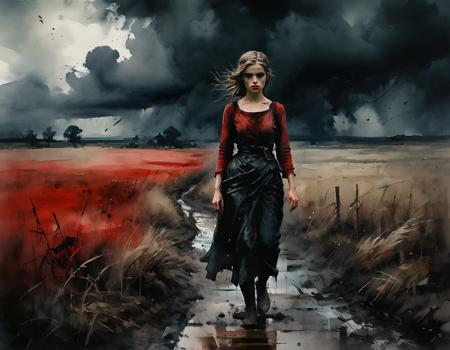 she walks through the fields with her eyes painted red, under a black belly of cloud in the rain, oil and watercolor painting, low-key lighting, deep shadows, high contrast, dark tones, dramatic and moody atmosphere