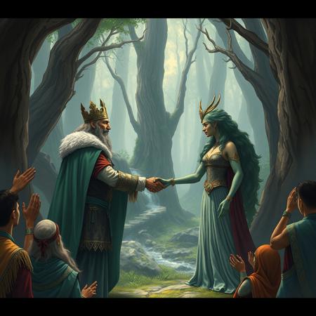 epic fantasy scene, the king of the humans is meeting with the queen of the forest, they are shaking hands, their people are cheering,