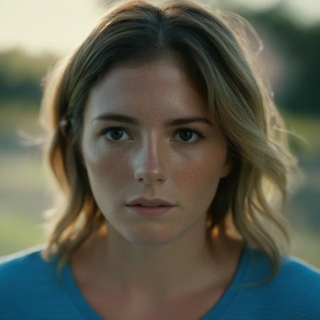 cinematic film still of a woman  with freckles and a blue shirt Cinematic Film Style
 <lora:Cory Chase:1> Cory Chase
 <lora:Cinematic Film:1>, shallow depth of field, vignette, highly detailed, high budget, bokeh, cinemascope, moody, epic, gorgeous, film grain, grainy