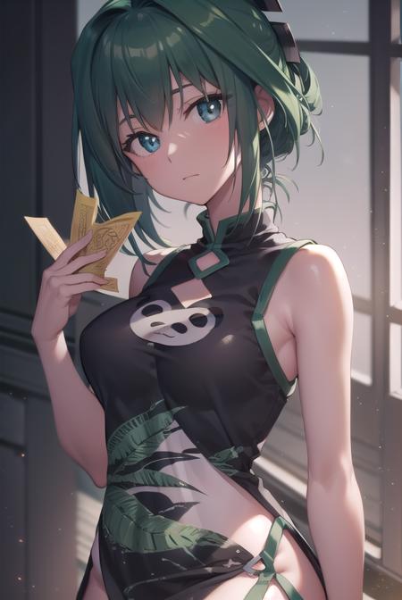 juntao, <lyco:juntao-lyco-nochekaiser:1>,
jun tao, (green eyes:1.5), green hair, hair between eyes,
BREAK animal print, bear print, black dress, china dress, chinese clothes, dress, air, hip vent, panda print, side slit, sleeveless, sleeveless dress, thigh strap,
BREAK looking at viewer, full body,
BREAK indoors, classroom,
BREAK <lyco:GoodHands-beta2:1>, (masterpiece:1.2), best quality, high resolution, unity 8k wallpaper, (illustration:0.8), (beautiful detailed eyes:1.6), extremely detailed face, perfect lighting, extremely detailed CG, (perfect hands, perfect anatomy),