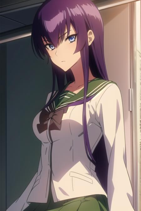 saekobusujima, <lyco:saekobusujima-LYCORIStest:1>,
saeko busujima, long hair, purple hair, (purple eyes:1.1), hair between eyes,
BREAK skirt, long sleeves, bow, school uniform, serafuku, green skirt,
BREAK looking at viewer,
BREAK indoors, classroom,
BREAK <lora:GoodHands-vanilla:1>, (masterpiece:1.2), best quality, high resolution, unity 8k wallpaper, (illustration:0.8), (beautiful detailed eyes:1.6), extremely detailed face, perfect lighting, extremely detailed CG, (perfect hands, perfect anatomy),