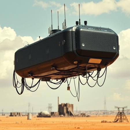 ultra high resolution, masterpiece, best quality, small featureless glossy black  spacecraft with a textured surface hovering low to the ground, underneath the spacecraft are cables hoses and wires, antennas on top, cables hanging from below, rectangular in shape, futuristic world, post apocalyptic landscape, ((low concrete buildings:1.3)) anti gravity, in the atmosphere, sky, clouds, ground visible, hovering, dry, ((dusty)), bleak landscape, parched, orange light, sunlight, square shapes, bleached colors, scattered destroyed industrial buildings, powerlines and towers