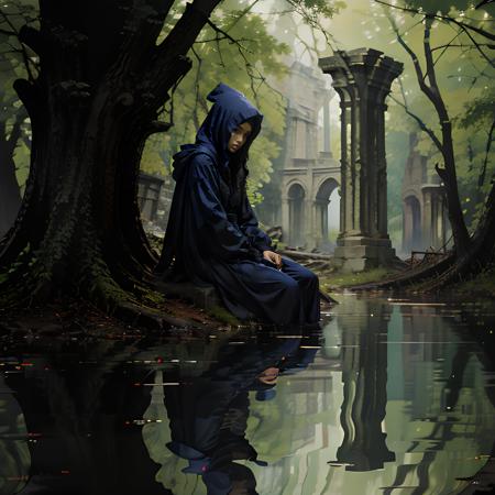 (high quality), nodf_lora, 1girl, solo, portrait, sitting, outdoors, hood, water, tree, nature, hood up, robe, ruins, (depth of field), <lora:notion_of_dark_fantasy-nodf:1>