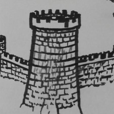 a black and white drawing of a stone tower, battlements