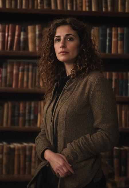 Charming Distinguished 45-year-old female literature teacher standing confidently in a dimly lit university lecture hall, surrounded by tall shelves of worn leather-bound books, with soft, warm cinematic lighting illuminating her face, a subtle vignette drawing focus to her refined features, a hint of film grain and slight blur, as if shot on 35mm film with a V-Raptor XL camera, exuding an air of learned authority and quiet passion, her worn, rustic clothing and wisps of curly brown hair framing her face, atmospheric shadows dancing across her skin, post-processing and color grading evoking a mood of epic drama, reminiscent of the cinematic styles of Emmanuel Lubezki, Roger Deakins, and Christopher Doyle.