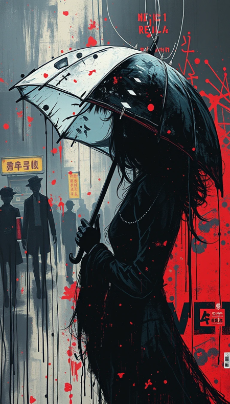 dead stranding art,by Yoji Shinkawa,  futuristic context backgrounds, dark colors, (dutch angle:0.2), neo abstract, explosive brush strokes, vibrant color splashes, gestural marks, emotional intensity, chaotic energy –style raw, silhouette sexy woman, Fragile, futuristic umbrella