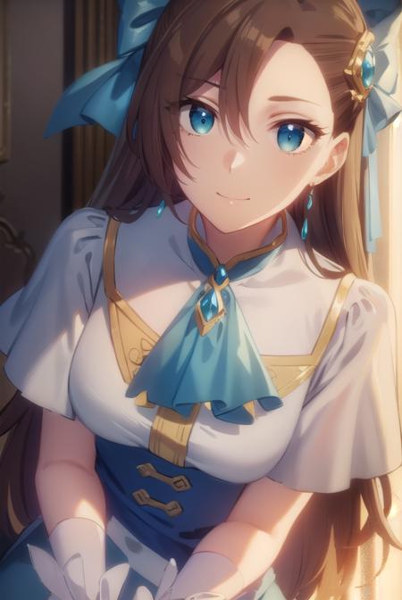 catarinaclaes, <lora:catarina claes s2-lora-nochekaiser:1>,
catarina claes, long hair, bangs, brown hair, blue eyes, asymmetrical bangs, smile,
BREAK hair ornament, gloves, dress, bow, jewelry, jacket, short sleeves, hair bow, earrings, white gloves, bracelet, ascot, blue dress, blue bow, brooch, high collar, long dress, blue ascot,
BREAK indoors,
BREAK looking at viewer, (cowboy shot:1.5),
BREAK <lyco:GoodHands-beta2:1>, (masterpiece:1.2), best quality, high resolution, unity 8k wallpaper, (illustration:0.8), (beautiful detailed eyes:1.6), extremely detailed face, perfect lighting, extremely detailed CG, (perfect hands, perfect anatomy),