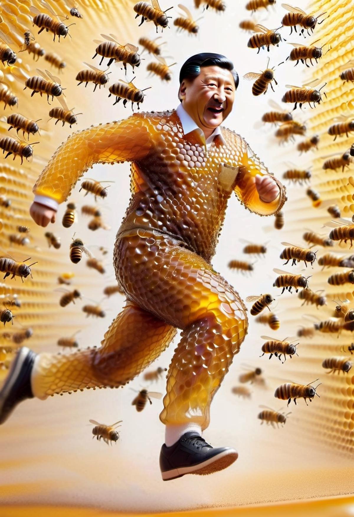 Action shot of Xi Jinping made of dvr-honey, carrying teddy bear made of dvr-honey, running away from bees.  <lora:HoneySt...