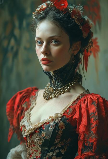 Close Up shot of Elisabeth Bathory, Hungarian medieval 
Black an Dark red costume, beautiful, Low saturation color photography, vintage, grunge, top light, Dark background , masterful painting in the style of Anders Zorn | Marco Mazzoni | Yuri Ivanovich, Todd McFarlane, Aleksi Briclot, oil on canvas