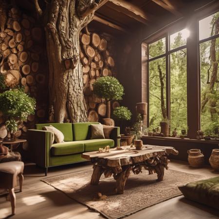 cinematic photo barnum-sepia  (concept interior:1.2) design, modern rustical room, elaborate furniture, texture cracked dry treebark (cracked wood style room ) design, green trees  <lora:treebark-SDXL-s-exp:0.6> . 35mm photograph, film, bokeh, professional, 4k, highly detailed