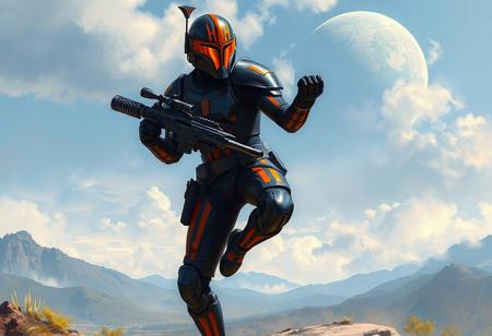 A hyper-detailed 8K digital painting of a Gaia Knight, the Force of Earth from Star Wars, captured in a dynamic action pose - standing on one leg with the other bent, ready for combat. The warrior wears a sleek black and orange armored suit with vibrant red-orange striping, complete with a matching helmet featuring an orange visor. They grip a blaster rifle with precision, set against the lush, peaceful landscapes of Planet Calarium.