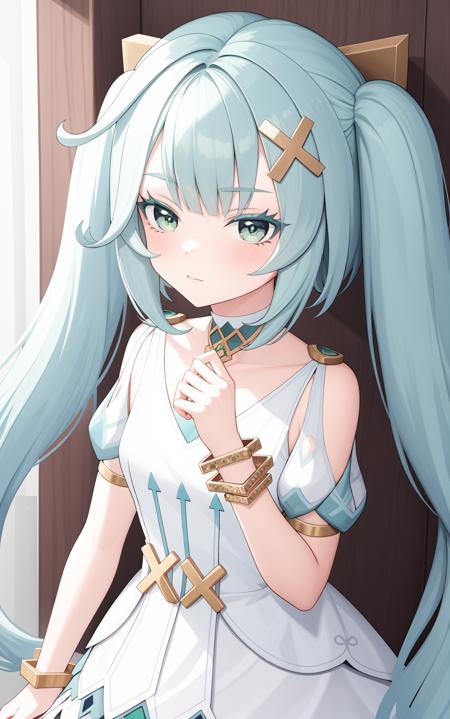 falushan, twintails, long hair, hair ornament, x hair ornament, aqua hair, bangs, dress, green eyes, jewelry, white dress, bracelet, short sleeves, symbol-shaped pupils