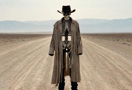 a haunting, desolate depiction of a skeletal figure in a weathered duster coat, worn and aged by time. The figure stands solitary against a barren, dust-filled horizon, adorned with a sun-bleached cowboy hat and empty eye sockets that evoke a sense of hollow contemplation.  ar 2:3
