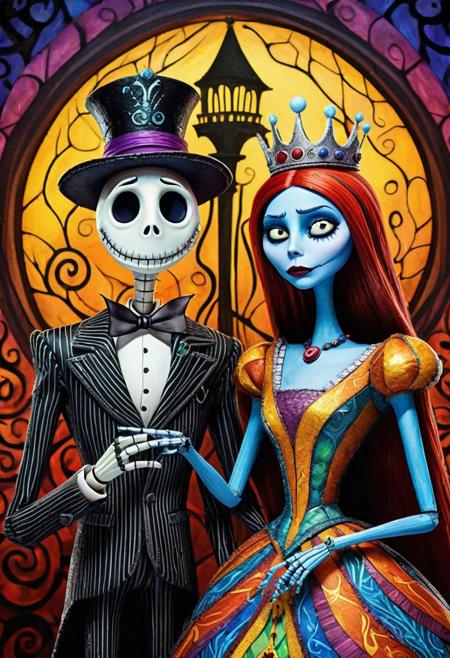 Anthropomorphic, king and queen, cartoon movie "nightmare before Christmas",by Tim Burton and Wes Anderson, vibrant colors elegant costume intricate expansive background dramatic lighting and pose insanely-detailed extreme-detailed hyper-detailed polished masterpiece beautifully vibrant Digital illustration painting consisting of oil, ink, soft watercolors iridescent"