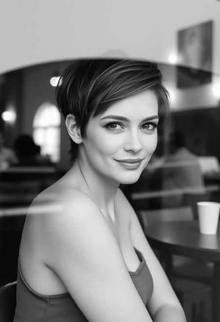 RAW photo, B&W photo, portrait, woman looking directly at viewer, subtle smile, slim, petite, mid length pixie cut hair, sits inside a coffee shop, gazing playfully at the viewer through the window, The overall mood is casual and stylish, set against a warm, inviting ambiance