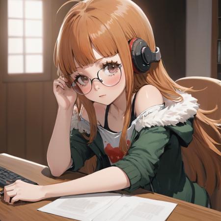 Digital art, masterpiece, a very detailed and professional screenshot, A teen Sakura Futaba sitting on the table, wearing headphone <lora:futaba_xl-000014:1>