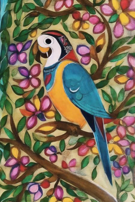 style of <lora:madhubnillust-000012:0.8>, beautiful image of a parrot perched on a tree