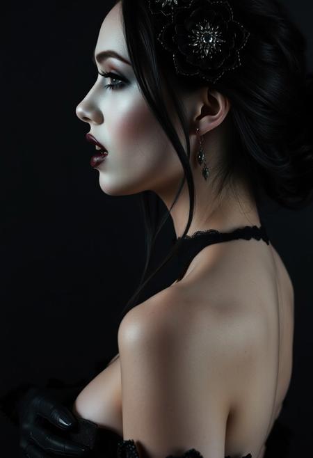 Close Up shot, Side view of a dark princess, pale sking, pale lips, vampire fangs, standing pose, in the style of infernal fasion, otherworldly beauty, infernalpunk, queencore, ornamented age aesthetics, coal and black, photography studio style