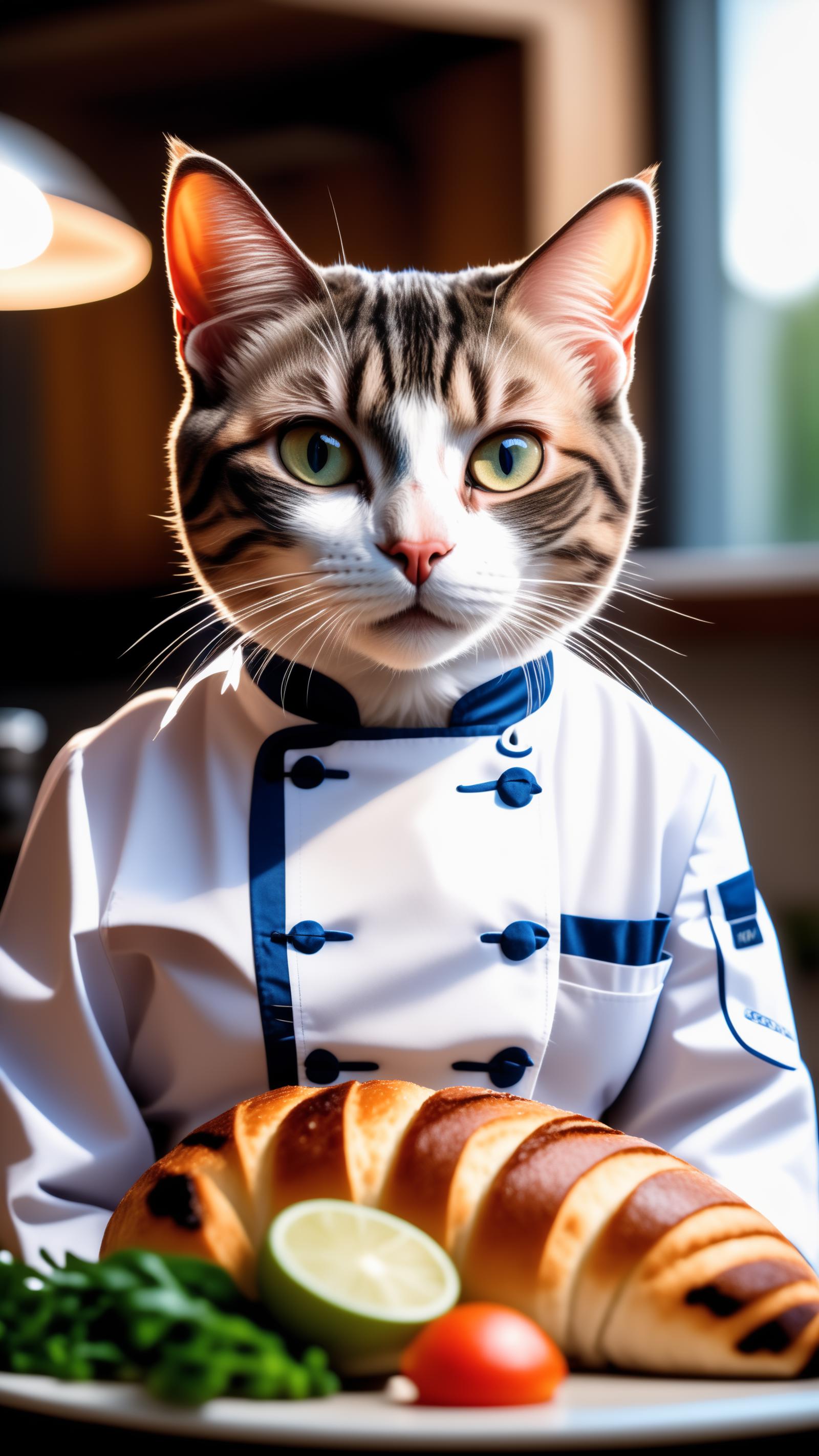 A cat wearing a chef's outfit and holding a loaf of bread.
