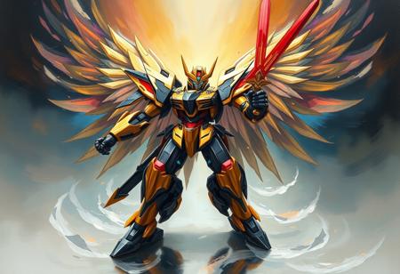 A surreal oil painting in the style of Raphael, depicting a Power Angel Valkyria robot, resplendent in gold and black with vibrant red and blue highlights. The robot stands with powerful, extended limbs in a dynamic action pose, a symbol of strength embodied by the sword in its right hand. Its large head with a glowing red visor is the focal point. The background is a fluid, merging Dream Mirror of Joy, painted with sweeping brush strokes and harmonious, Stunning Colors, creating a dreamlike and attractive backdrop that reflects the robot's presence. The composition utilizes a Creative Angle and Isometric perspective. 4K, Exceptional Quality, More Detail, Lifelike Details, Super Detailed Face and Eyes and Clothes, Handcrafted with Precision, High Quality, Sharp Lines and Brush Strokes, Multi Colored, Contemporary Aesthetics, Beautiful Matte Painting, Impeccable Composition, Balanced Editing, Intentional Focus, Well-timed Moment, Captivating Lighting, Grammer Effect Style, Splash Ink Illustration, Octane Render, Unreal Engine 5, Houdini Style, Vivid Emotions, Joyful Impact, Powerful Message, Beautiful Detailed Eyes, CGSociety, Artstation Trending on ArtstationHQ, Golden Ratio, trending on artstation, very very detailed, masterpiece.
