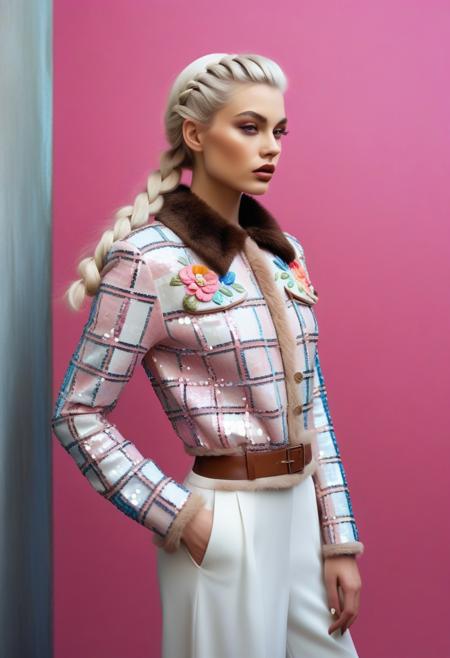 The image is a photograph of a woman walking outdoors against a rough, textured, concrete wall. She is captured in profile, facing slightly to the left. She has long, straight, platinum blonde hair styled in a single, thick braid that extends down her back. Her hair is styled in a neat, symmetrical braid, adding a touch of elegance to her appearance.
The image is a high-fashion photograph featuring a striking, avant-garde model with an otherworldly appearance. The model is seated against a solid, bright pink background. She is dressed in an elaborate, futuristic outfit that combines elements of high fashion and fantasy. Her attire includes a sheer, white, long-sleeved top adorned with intricate, colorful sequin patterns and floral embroidery in shades of pink and white.
The image is a photograph of a young woman standing indoors, dressed in a vintage-inspired outfit. She has dark, curly hair styled in a classic 1940s wave, adorned with a decorative hair accessory on the left side. She wears a plaid jacket with a faux fur collar in shades of blue, brown, and white, over a white blouse. The jacket is buttoned up, and she has her hands in the pockets.