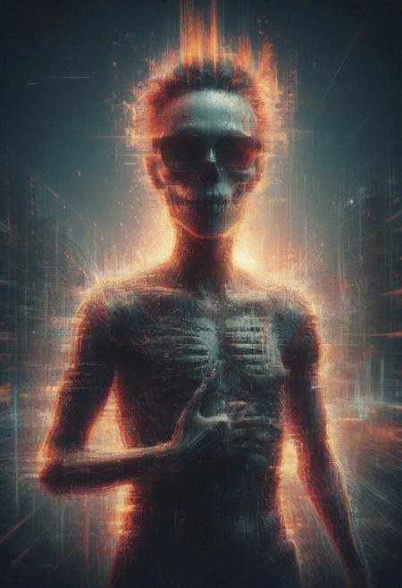 glitch, flickering, digital, glitch style, vice city backround, cool skeleton with sunglasess engulfed in neon fire