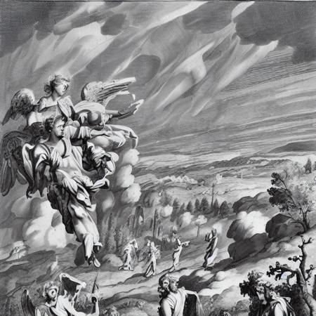 ParadlosMichBurg1688, a black and white drawing of a man on a horse and a woman on a horse and a man on a horse on a hill, angel falling to andromeda, detailed scenic view, michel - ange, bible illustration, romanticism, monochrome, greyscale, traditional_media, tree, cloud, nature, scenery, sky, mountain, outdoors, 1girl, wings, plant, graphite_(medium), forest, solo, landscape, multiple_girls