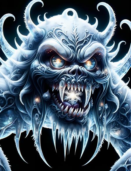 <lora:SDXLFrosted:1> FrostedStyle photo of a terrifying snow monster, eldritch abomination, transparent glass fangs macro, high quality, glowing eyes, highly detailed eyes, beautiful fierce eyes