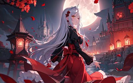 (best quality, masterpiece), (night sky,swirling red petals flutter in groups , low depth ocean, full moon, high castle, Magical design on the castle),