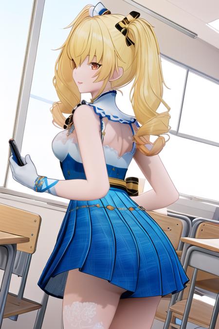 fenni,full body, blue dress,looking back, classroom, <lora:fenniV1.1:0.9>