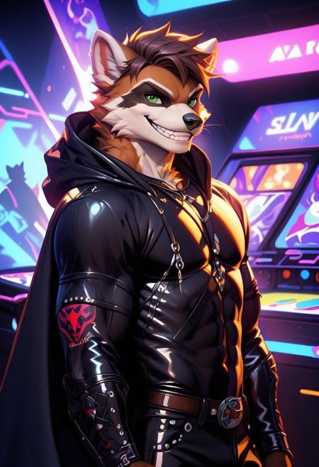 score_9, score_8_up, score_7_up,score_9, score_8_up, score_7_up, ((cowboy shot)), arcade, standing, BREAK, ((High fantasy art style)), solo, male, anthro raccoon, black hooded cloak, (black leather breastplate), black leather greaves, black leather pauldrons, black leather boots, brown hair, ((detailed green eyes)), ((Masterpiece), (absurdres), (shadowy), (mysterious), ((smirking)), ((grin))