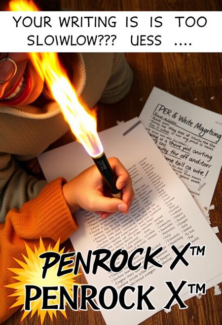 A photo from a silly advert showing a rocket propelled pencil, the ad is showing a young man from above writing on a paper, the pen is emitting a jet of flame from its back as he struggles to control it, the paper is filled with messy gibberish text, the paper is getting torn apart, at the top the words "YOUR WRITING IS TOO SLOW!? USE ... " written in a bold White small font, underneath are the words "PENROCK X™" in black fancy font with a comical explosion behind it.