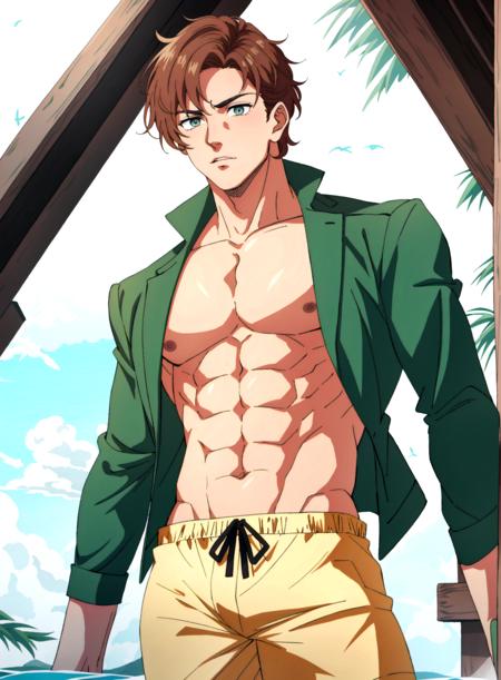 1boy, (1man), (male:1.2), young, dandy face, finely detailed eyes and face, lean, masculine appeal, commanding presence, hot stud, sienna skin__, BuildAMan/1man-poses__, swim trunks, hazel eyes, chestnut hair, choppy layers, thorough, gold ring,