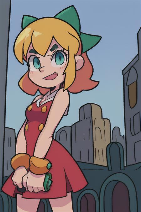 <lora:Roll3D:0.6> Roll3D 1girl,red dress, green bow, blonde hair, blue eyes, in city ruins with a blaster, scene from megaman