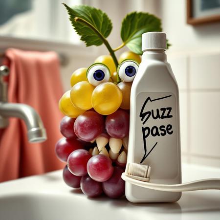 Hyper realistic grape with eyes and mouth, big teeth, about to brush teeth but the bottle of toothpaste is over. It's written‘buzz paste’on toothpaste bottle with a sign if thunder in it. focus on right words and keep the beautiful bathroom environment.