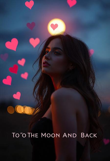 high quality design aesthetics, disco, synth pop, detailed, pop album cover, beautiful young white woman, outside in the evening, hearts floating around, magic glow, moody, bokeh background, artist name "Musaic", album title "To The Moon And Back"
