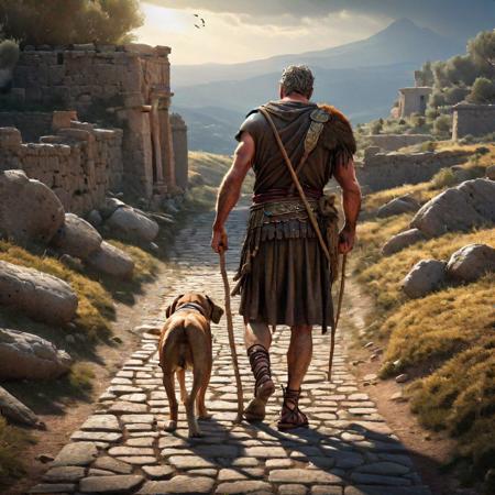 gaulish man on the roman stone road with stick and a dog, trending on artstation, sharp focus, studio photo, intricate details, highly detailed, by greg rutkowski